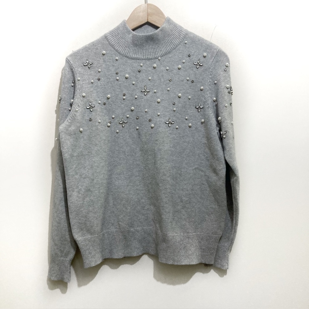 Laura Petites Rhinestone Pearl Mock Turtleneck Sweater Size Medium New Grey